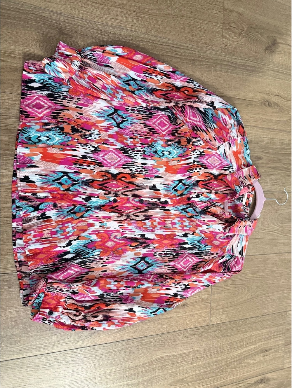 Pleione Women’s Button Front Long Sleeve Geometric Tribal Print Blouse Top M